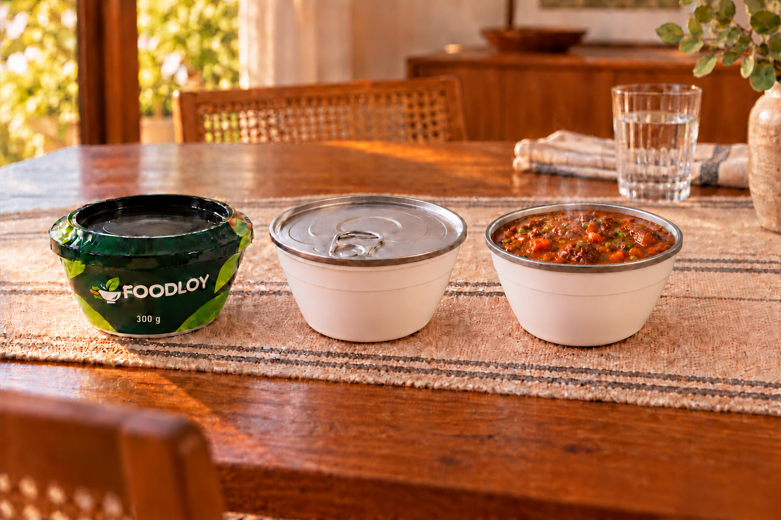 Bowl Foodloy presentado en tres etapas sobre una mesa cálida