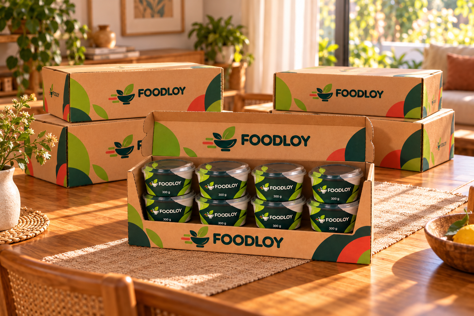 Varias cajas Foodloy con una caja abierta al frente que contiene ocho comidas